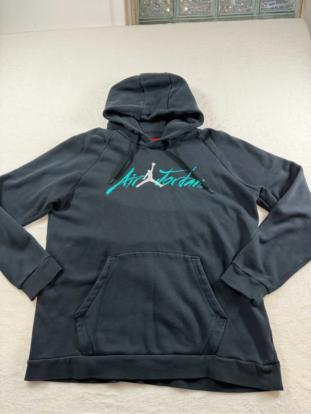Jordan Black Pullover Hoodie with Teal Script and Jumpman